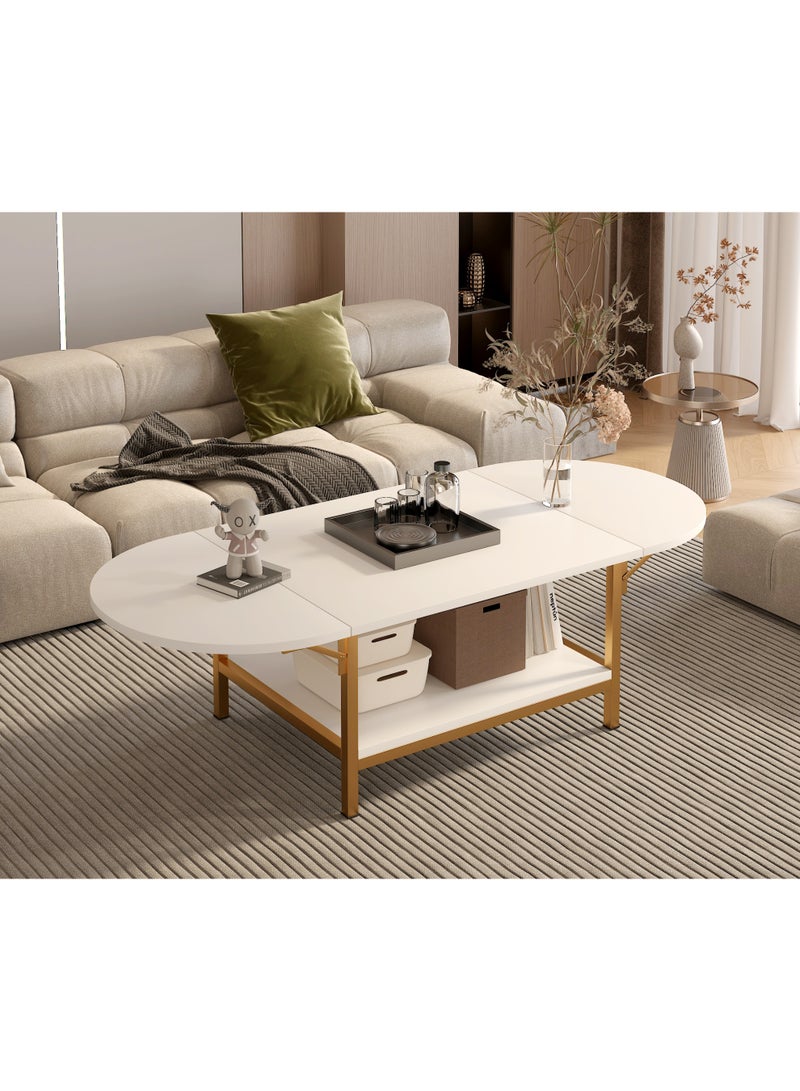 Folding Coffee Table with Storage Shelf, Extendable Oval Center Table with Gold Metal Frame, Modern 2-Tier White Coffee Table for Living Room, Office（CJ034） - Image 4